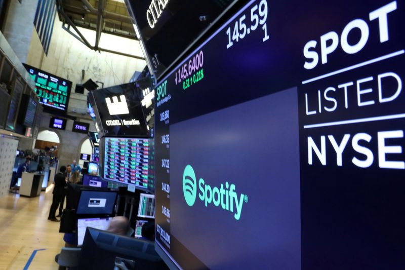 &copy; Reuters. FILE PHOTO: A screen displays the company logo and trading info for Spotify on the floor at the NYSE in New York