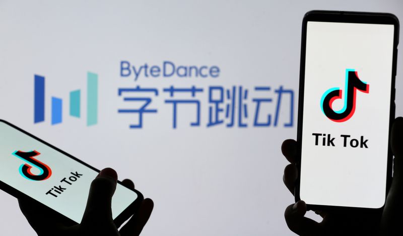 &copy; Reuters. FILE PHOTO: Tik Tok logos are seen on smartphones in front of displayed ByteDance logo in this illustration