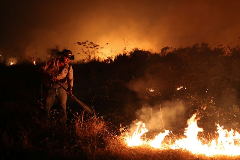 &copy; Reuters. Homem tenta combater fogo no Pantanal