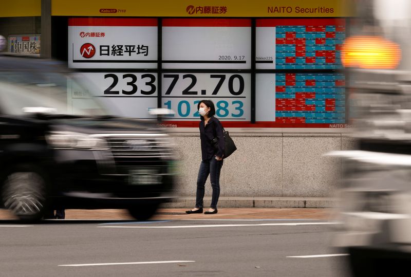 &copy; Reuters. A passerby wearing a protective face mask stands in front of an electronic board showing Japan&apos;s Nikkei averageoutside a brokerage, amid the coronavirus disease (COVID-19) outbreak, in Tokyo