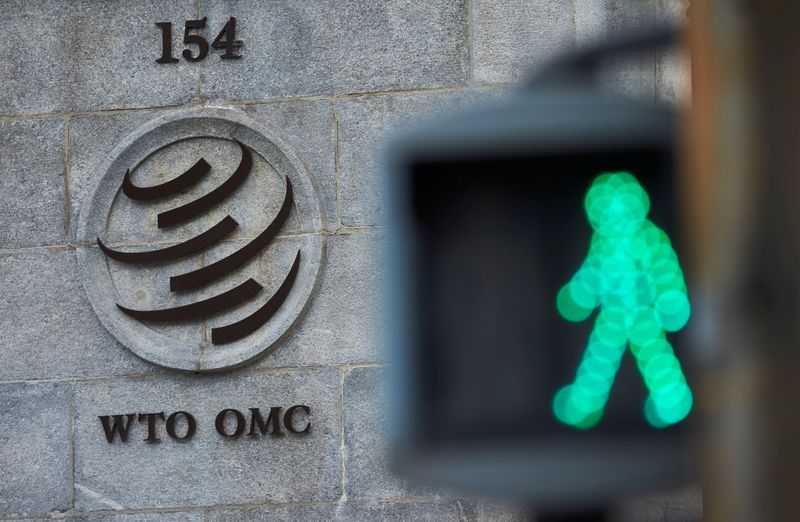 &copy; Reuters. FILE PHOTO: A logo is pictured in front of the World Trade Organization (WTO) in Geneva