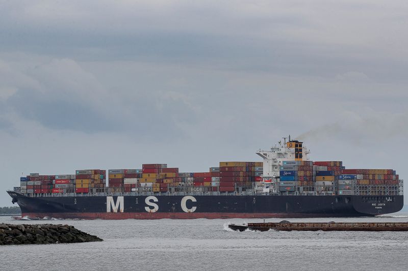 &copy; Reuters. The MSC Judith container ship exits New York Harbor as seen from Brooklyn, New York