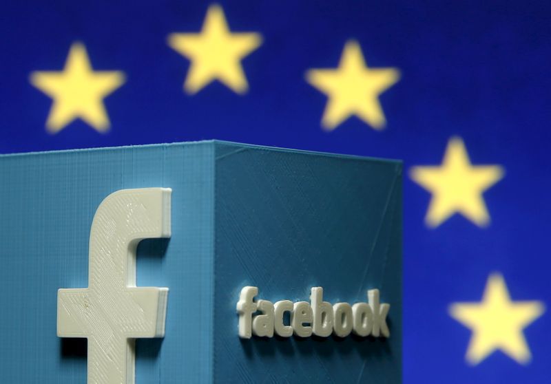 &copy; Reuters. Picture illustration of 3D-printed Facebook logo in front of EU logo