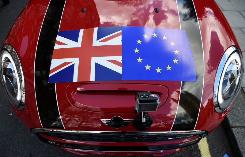 &copy; Reuters. FILE PHOTO: A Mini car is seen with a Union flag and European Union flag design on its bonnet in London