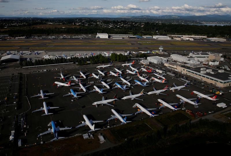 &copy; Reuters. FILE PHOTO: Boeing 737 Max aircraft are parked in a parking lot at Boeing Field in this aerial photo taken over Seattle