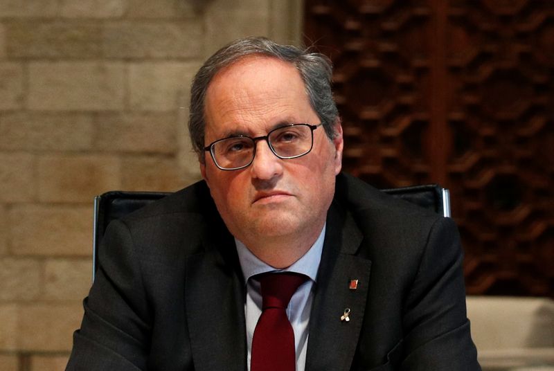 © Reuters. El presidente de la Generalitat de Cataluña, Quim Torra, durante un evento en el Palacio de la Generalitat en Barcelona