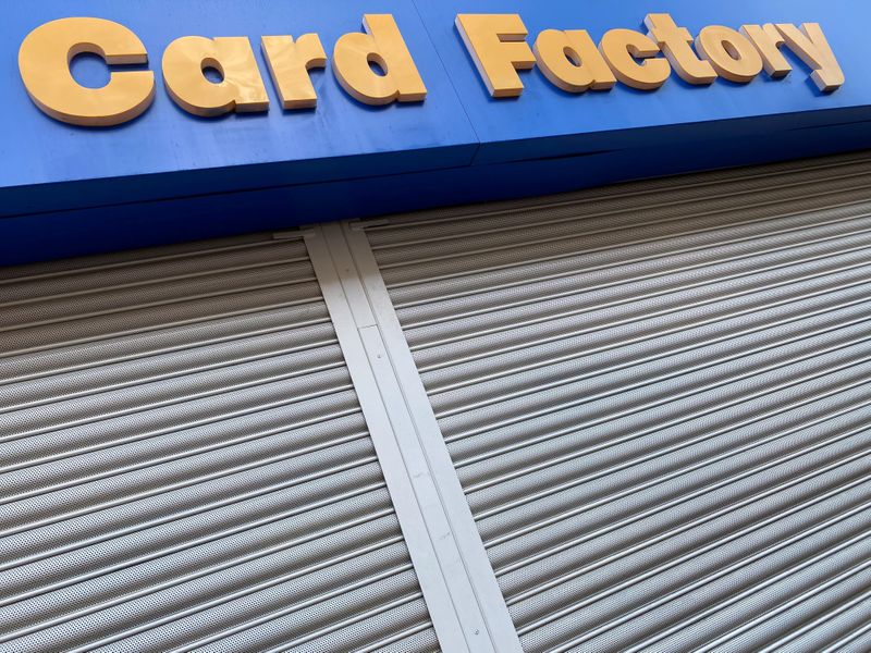 &copy; Reuters. Card Factory signage is seen on a shuttered branch in Hackney