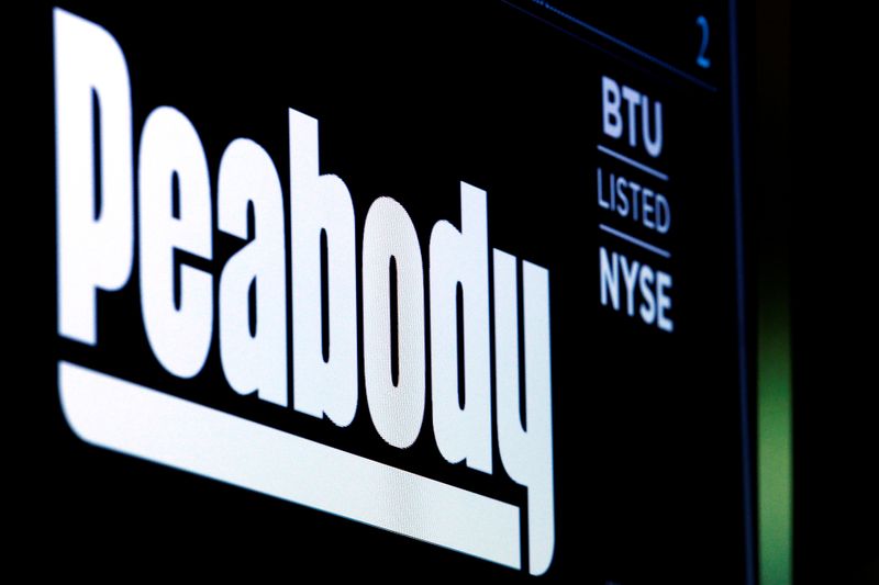 &copy; Reuters. The logo and trading symbol for U.S. coal miner Peabody Energy Corp. are displayed on a screen on the floor of the NYSE in New York
