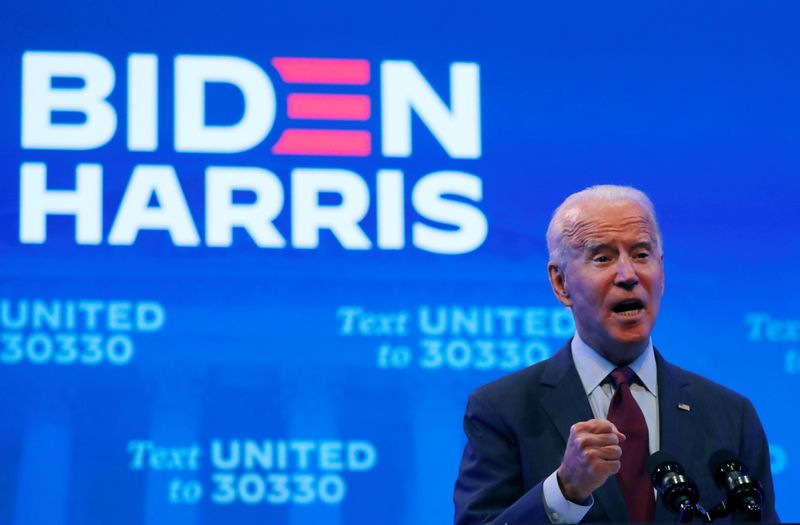 © Reuters. FILE PHOTO: U.S. Democratic presidential candidate and former Vice President Joe Biden delivers speech on Supreme Court in Wilmington