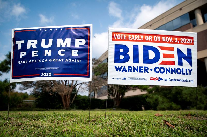 &copy; Reuters. Cartazes de campanha de Joe Biden e de Donald Trump em Fairfax, na Virgínia