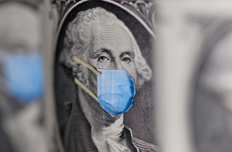 &copy; Reuters. FILE PHOTO: George Washington is seen with printed medical mask on the one Dollar banknote in this illustration taken