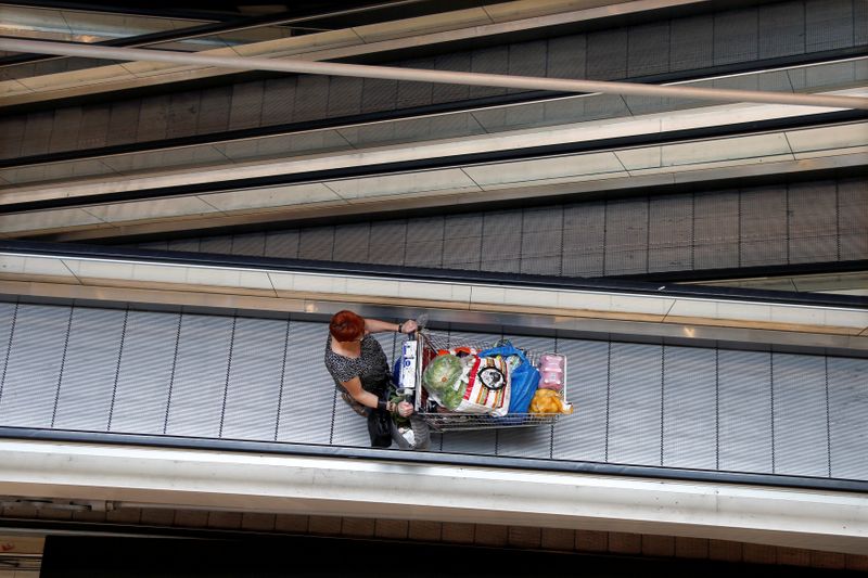 &copy; Reuters. A customer pushes a shopping trolley on an escalator at the Bercy shopping centre in Charenton Le Pont, near Paris