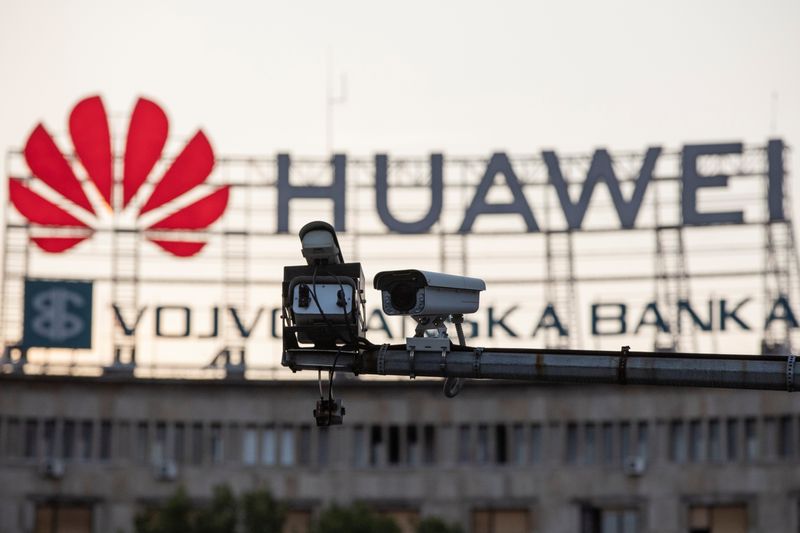 &copy; Reuters. A surveillance camera is seen in front of a Huawei logo in Belgrade