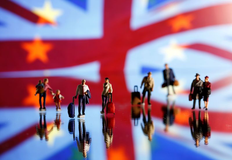 &copy; Reuters. Small toy figures are seen in front of UK and European Union displayed flags in this illustration picture,