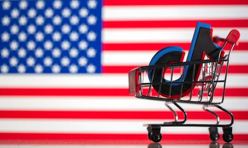 &copy; Reuters. Shopping cart carrying a 3D printed Tik Tok logo is seen in front of displayed U.S. flag in this illustration