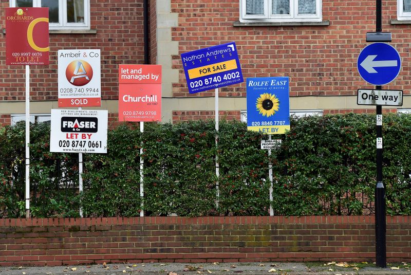 &copy; Reuters. FILE PHOTO: Property sale and rental signs are seen next to a street sign in London