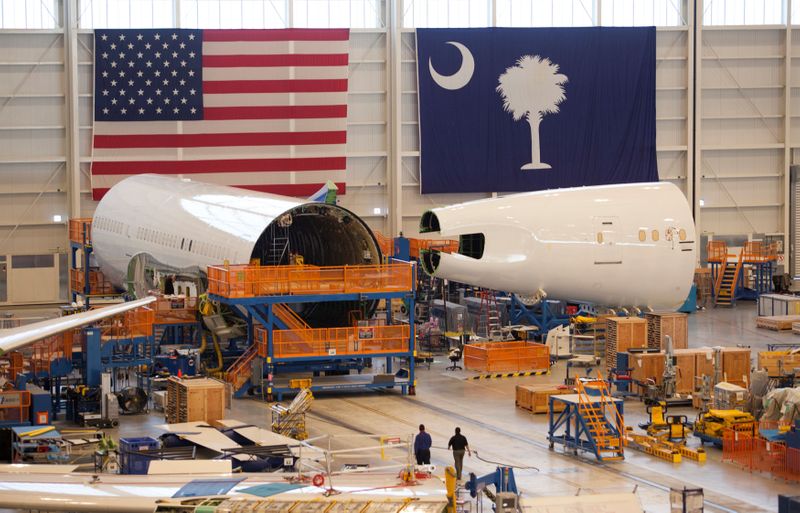 © Reuters. FILE PHOTO: Sections of a 787 Dreamliner being built for Air India are seen at Boeing's final assembly building in North Charleston