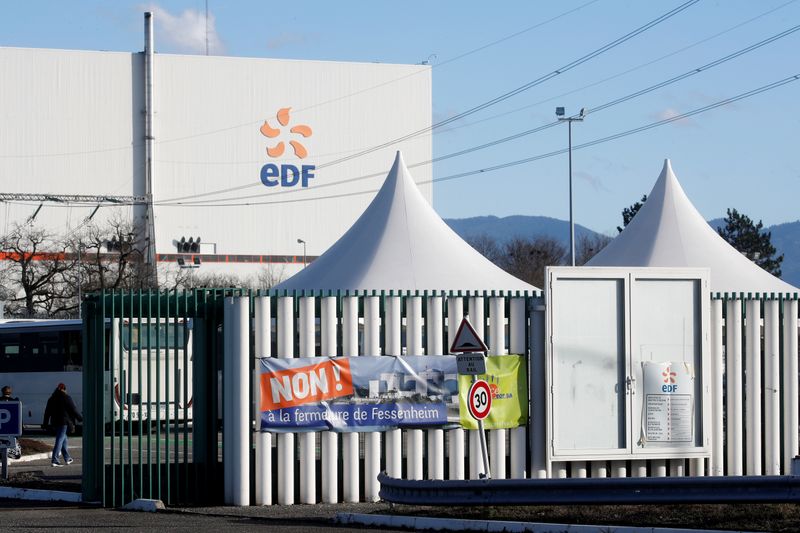 &copy; Reuters. Banner is seen at Electricite de France nuclear power plant near Fessenheim