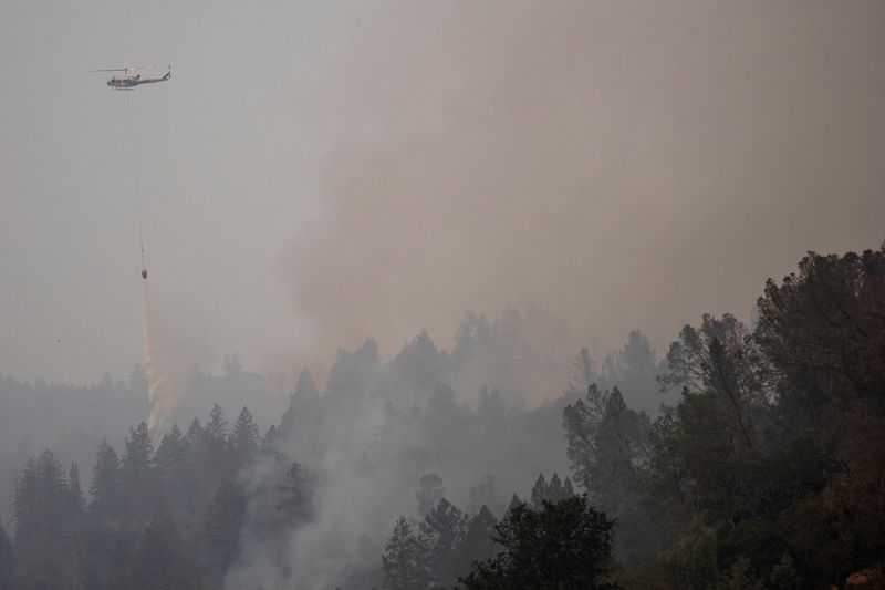 &copy; Reuters. A helicopter drops water on the Glass Fire in Calistoga, California