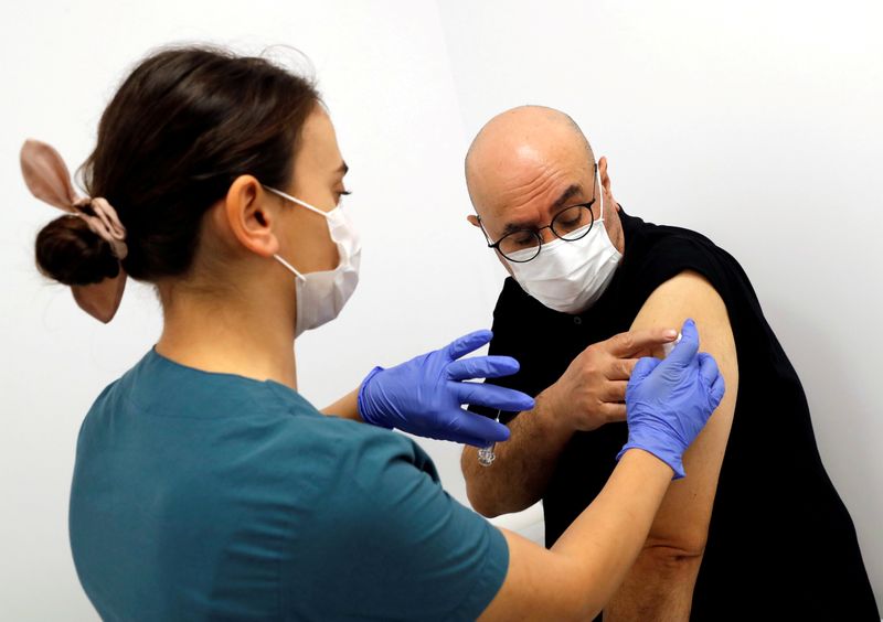 &copy; Reuters. FILE PHOTO: A volunteer is injected an experimental Chinese coronavirus disease (COVID-19) vaccine in Kocaeli