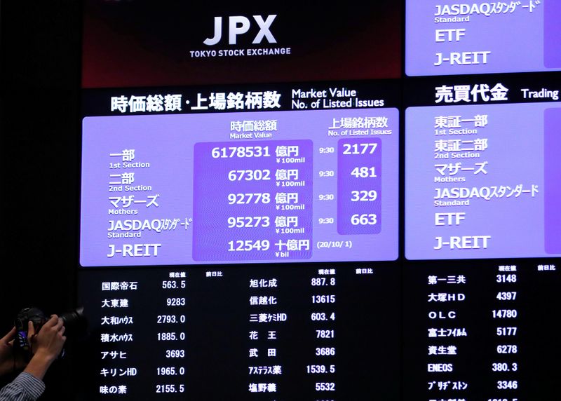 &copy; Reuters. Un fotografo presso la Tokyo Stock Exchange dopo l&apos;apertura dei mercati, Tokyo, 2 ottobre 2020