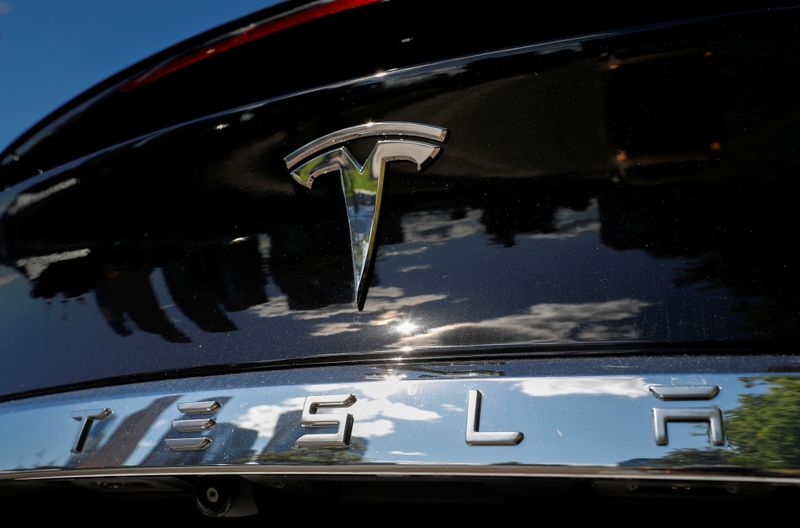 © Reuters. FILE PHOTO: The company logo is pictured on a Tesla Model X electric vehicle in Moscow