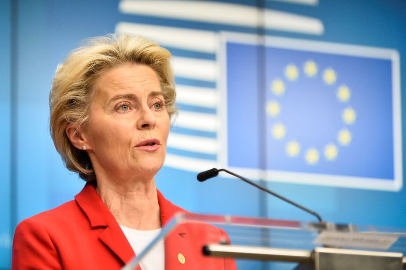 &copy; Reuters. Presidente da Comissão Europeia, Ursula von der Leyen, durante cúpula de líderes da UE em Bruxelas