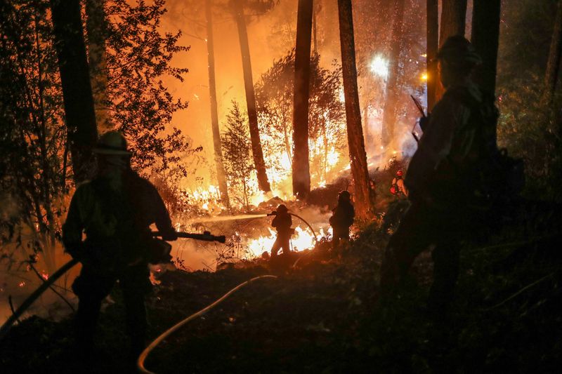 © Reuters. Firefighters battle the Glass Fire as it encroaches towards a residence in Calistoga, California