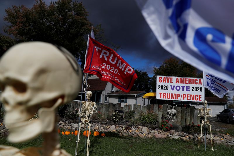 &copy; Reuters. Decoraciones de Halloween y en respaldo al presidente Donald Trump en el antejardín de Maranda Joseph, una partidaria del mandatario, en Warren, Ohio, EEUU