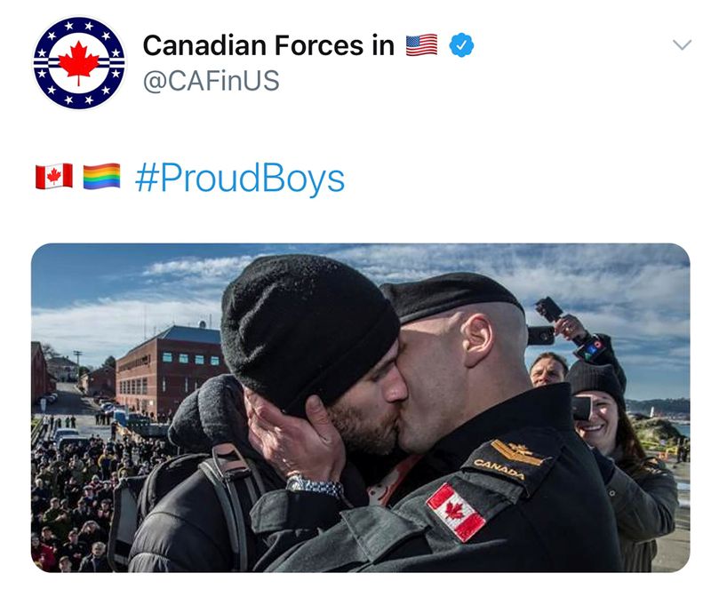 © Reuters. A tweet featuring a Canadian Forces sailor kissing his partner using the the Proud Boys hashtag
