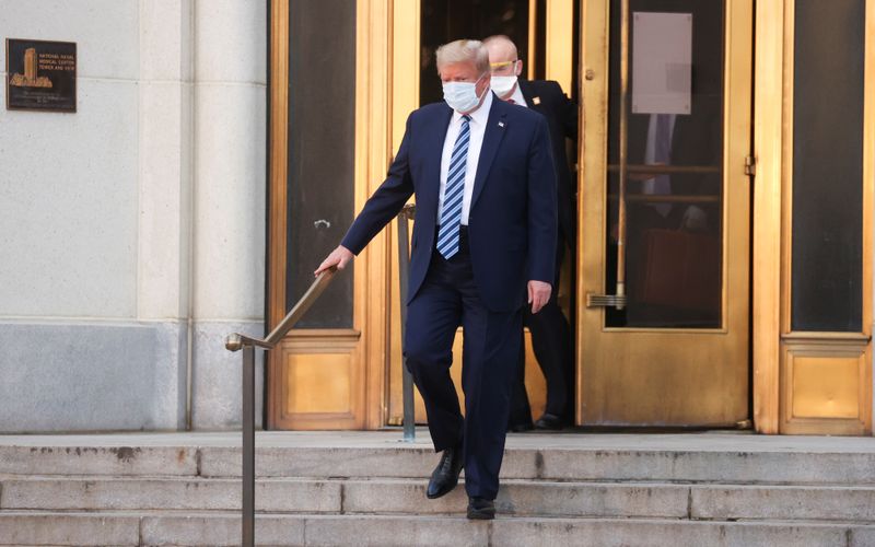 &copy; Reuters. El presidente de los Estados Unidos, Donald Trump, sale por la puerta principal y baja las escaleras del centro médico militar Walter Reed después de un cuarto día de tratamiento por coronavirus. 5 de octubre de 2020.