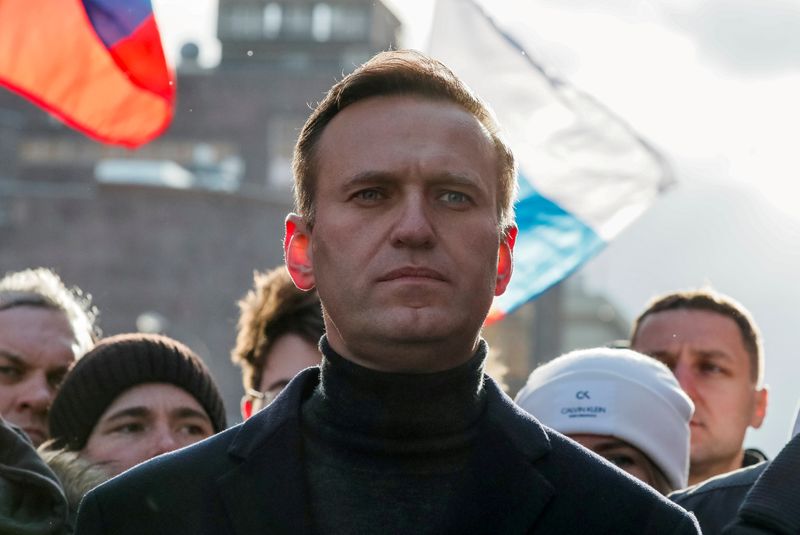 &copy; Reuters. FILE PHOTO: Russian opposition politician Alexei Navalny takes part in a rally to mark the 5th anniversary of opposition politician Boris Nemtsov&apos;s murder and to protest against proposed amendments to the country&apos;s constitution, in Moscow