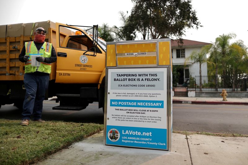 &copy; Reuters. FILE PHOTO: Workers install one of 123 Vote by Mail Drop Boxes outside a public library, amid the global outbreak of the coronavirus disease (COVID-19), in Los Angeles