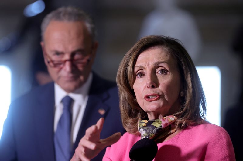 © Reuters. FILE PHOTO: U.S. House Speaker Pelosi and Senate Minority Leader Chuck Schumer (D-NY) speak to reporters after their coronavirus relief negotiations with Mnuchin and Meadows at the U.S. Capitol in Washington