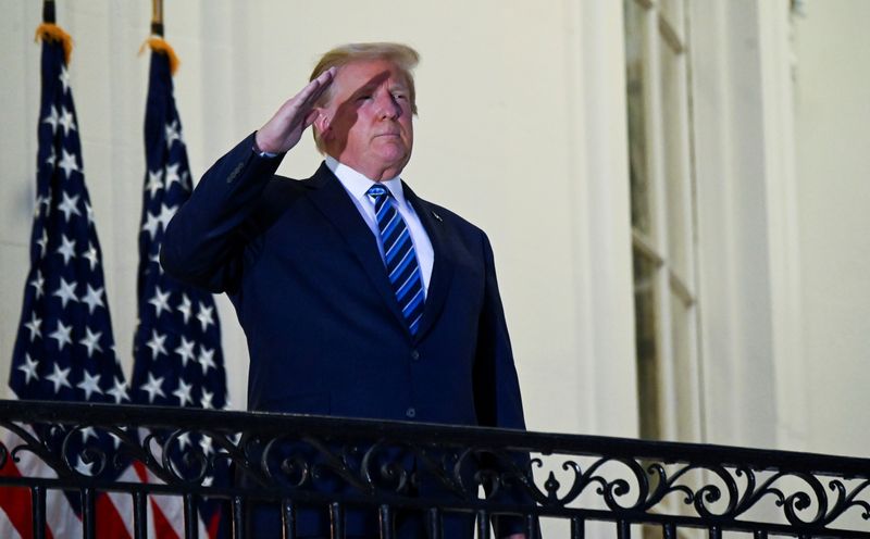 &copy; Reuters. FILE PHOTO: U.S. President Donald Trump poses without face mask as he returns to the White House after being hospitalized at Walter Reed Medical Center for coronavirus disease (COVID-19), in Washington