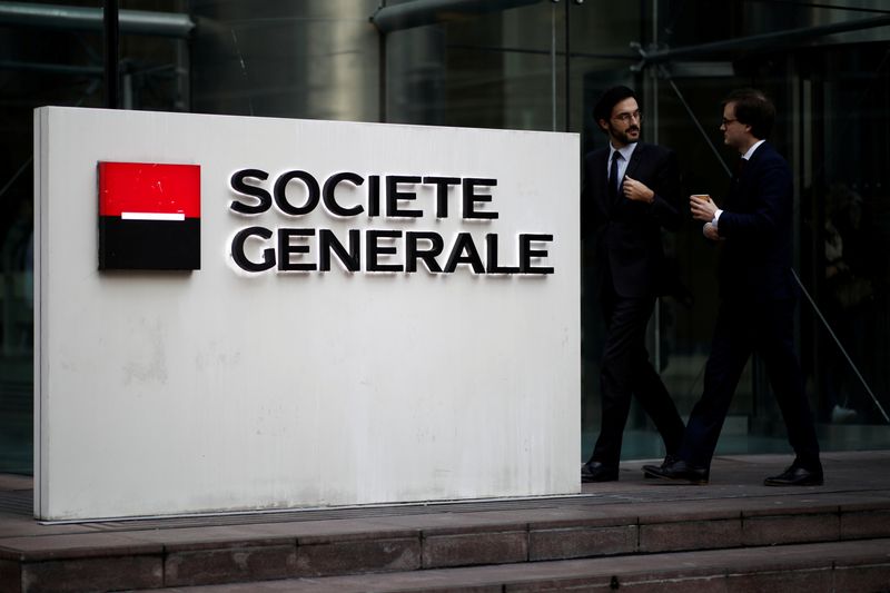 &copy; Reuters. FILE PHOTO: The logo of Societe Generale is seen on the headquarters at the financial and business district of La Defense near Paris