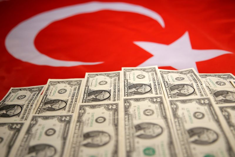 &copy; Reuters. Банкноты доллара США на фоне турецкого флага