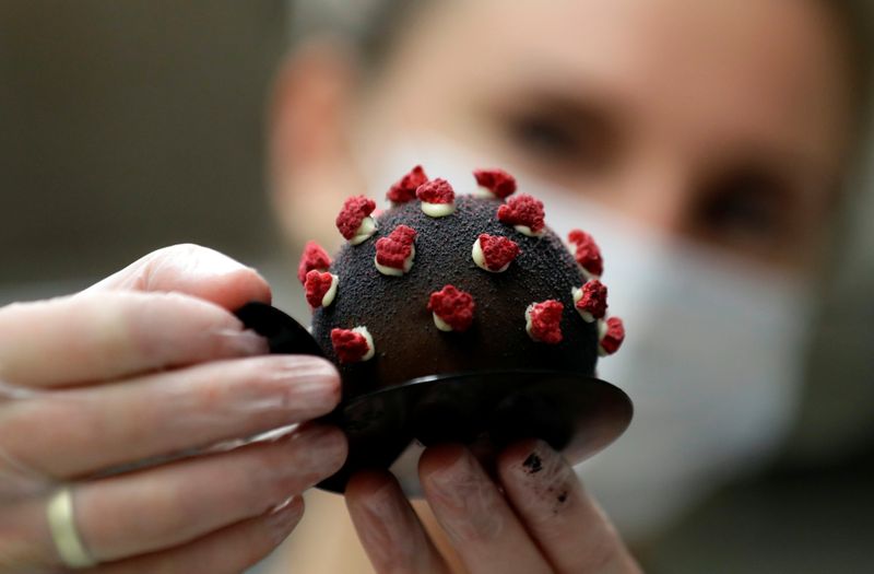 &copy; Reuters. Cakes shaped like a microscopic view of the coronavirus in Prague