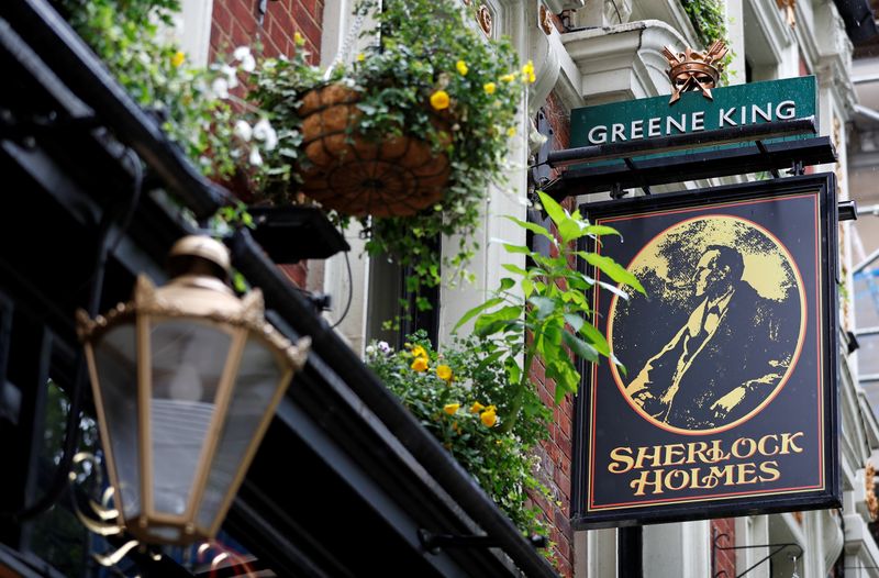 &copy; Reuters. FILE PHOTO: The Greene King logo is seen outside the Sherlock Holmes Pub, in London