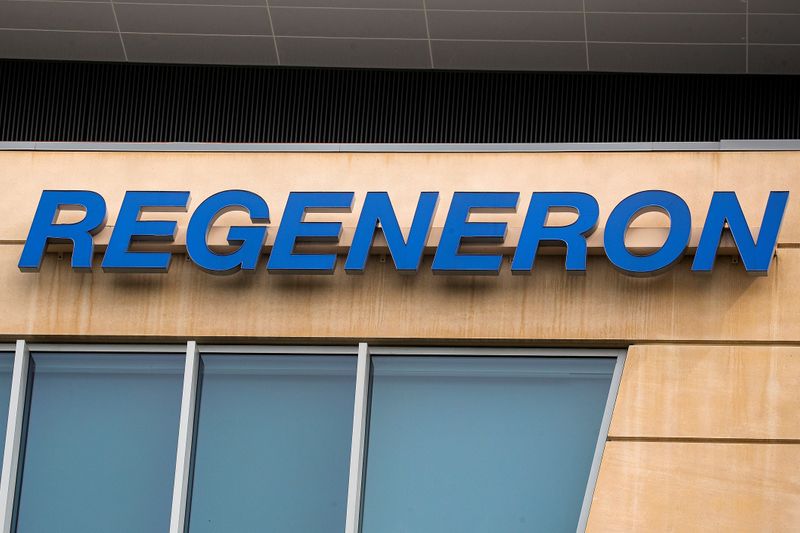 &copy; Reuters. FILE PHOTO: The Regeneron Pharmaceuticals company logo is seen on a building at the company&apos;s Westchester campus in Tarrytown, New York