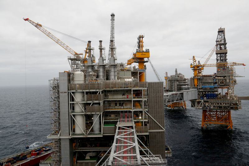 &copy; Reuters. FILE PHOTO: A general view of Equinor&apos;s Johan Sverdrup oilfield platforms in the North Sea