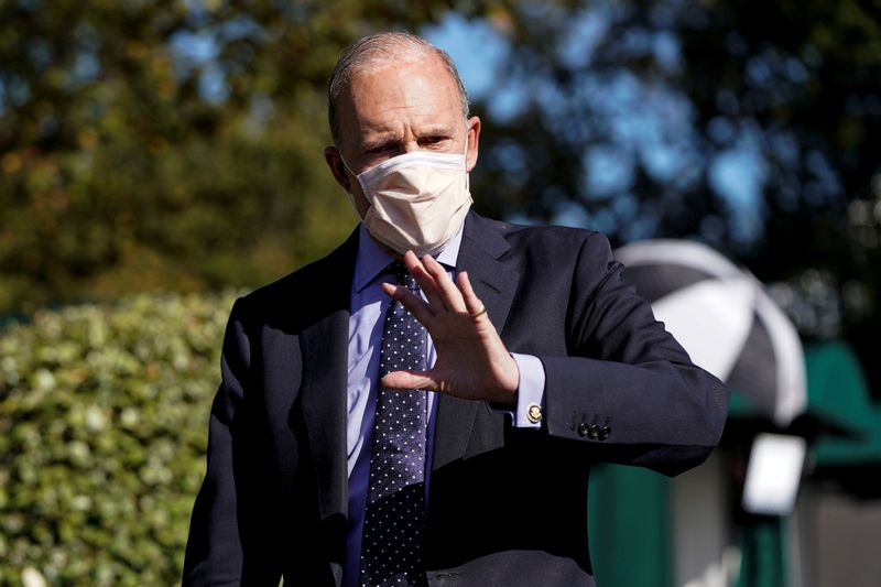 &copy; Reuters. Il consigliere economico del presidente degli Stati Uniti, Larry Kudlow, indossa una mascherina davanti alla Casa Bianca, a Washington