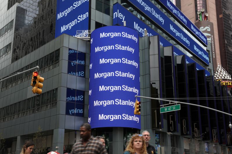 &copy; Reuters. FILE PHOTO: The corporate logo of financial firm Morgan Stanley is pictured on the company&apos;s world headquarters in New York