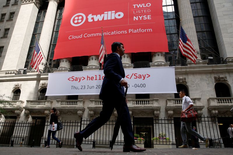 &copy; Reuters. A banner for communications software provider Twilio Inc., hangs on the facade at the NYSE to celebrate the company&apos;s IPO in New York City
