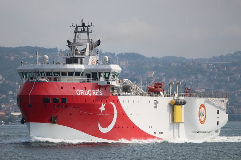 © Reuters. FILE PHOTO: Turkish seismic research vessel Oruc Reis sails in the Bosphorus in Istanbul