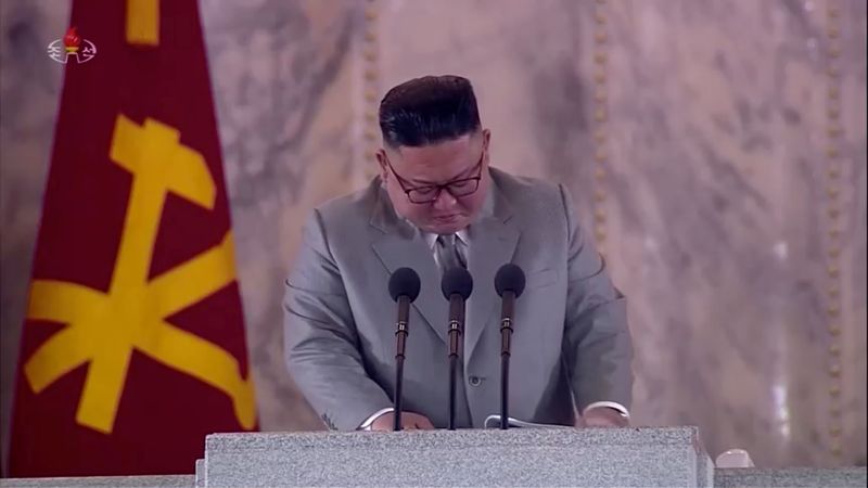 © Reuters. North Korean Leader Kim Jong Un reacts during a speech at a military parade marking 75th founding anniversary of Workers' Party of Korea (Wpk)