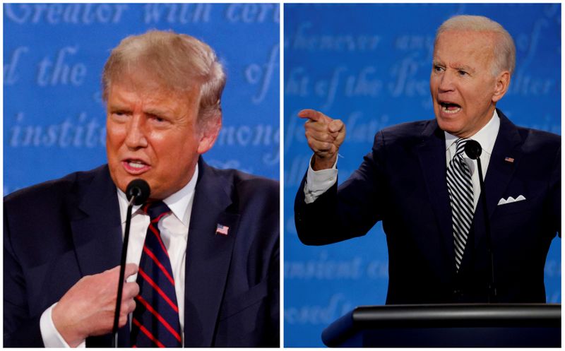 &copy; Reuters. IMAGEN DE ARCHIVO. Una combinación de fotos muestra al presidente Donals Trump y al candidato demócrata Joe Biden durante el primer debate en la campaña para la Casa Blanca en las elecciones del 3 de noviembre, en Cleveland, EEUU