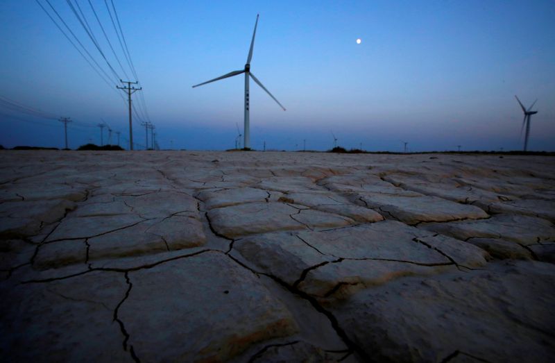 &copy; Reuters. FILE PHOTO: Cracked earth marks a dried-up area near a wind turbine used to generate electricity at a wind farm in Guazhou, 950km (590 miles) northwest of Lanzhou, Gansu Province