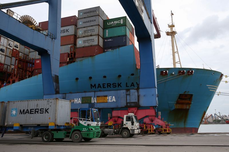 &copy; Reuters. A Maersk ship and containers are seen at the Port of Santos