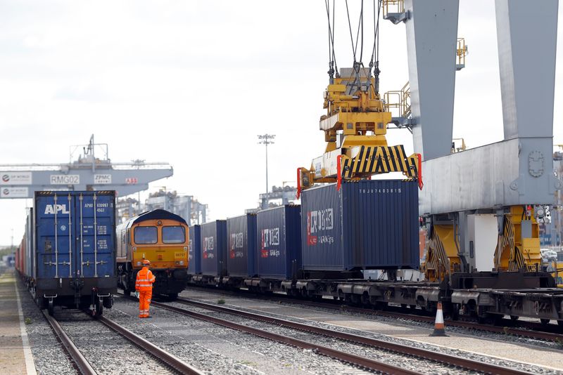 &copy; Reuters. A container is lifted to be loaded onto the first UK to China export train, laden with containers of British goods, during the official ceremony to mark its departure from the DP World London Gateway, Stanford-le-Hope